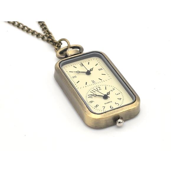 Vintage Look Dual Time Zone Pendant Watch  Necklace, Retro Traveler's Clock - Picture 3 of 7